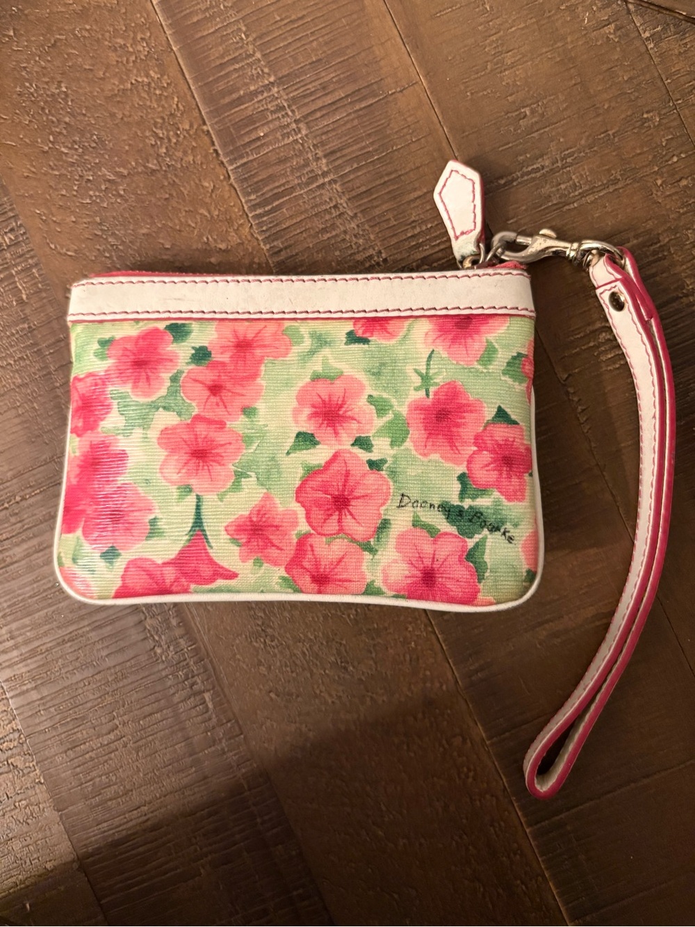Dooney & Bourke Floral Hibiscus Coated Canvas Wristlet Pouch White Pink - Picture 2 of 4
